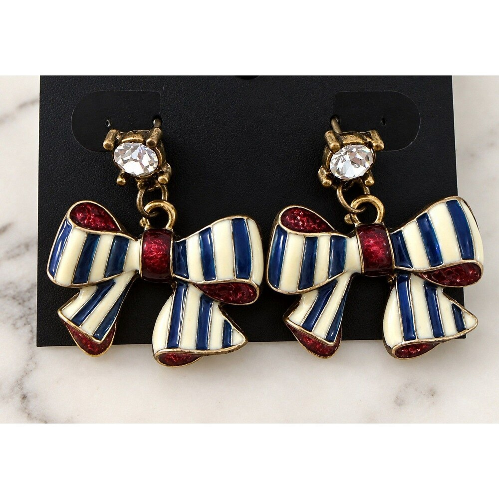 Vintage Enamel Bow Earrings Rhinestone Studs Red White Blue Striped Americana